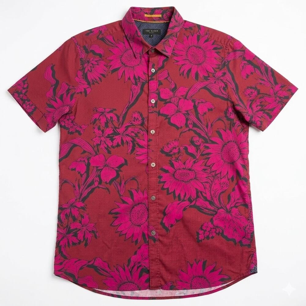 Ted Baker Size 4 Magenta Pink Floral Button Up Short Sleeve Shirt